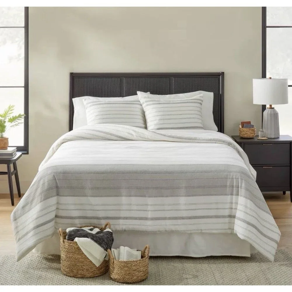 RARE 3pc Full/Queen Pinstripe Comforter & Sham Gray/Cream Hearth & Hand NEW